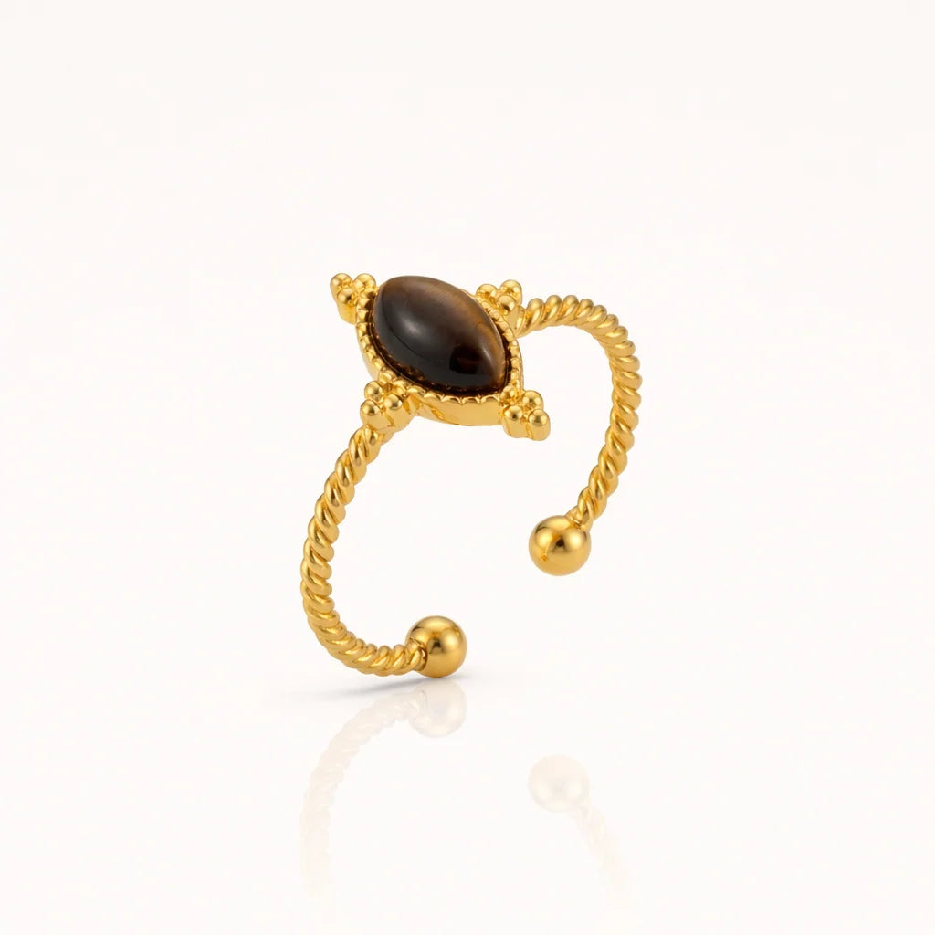 Zoe twisted gold ring with a brown marquise stone
