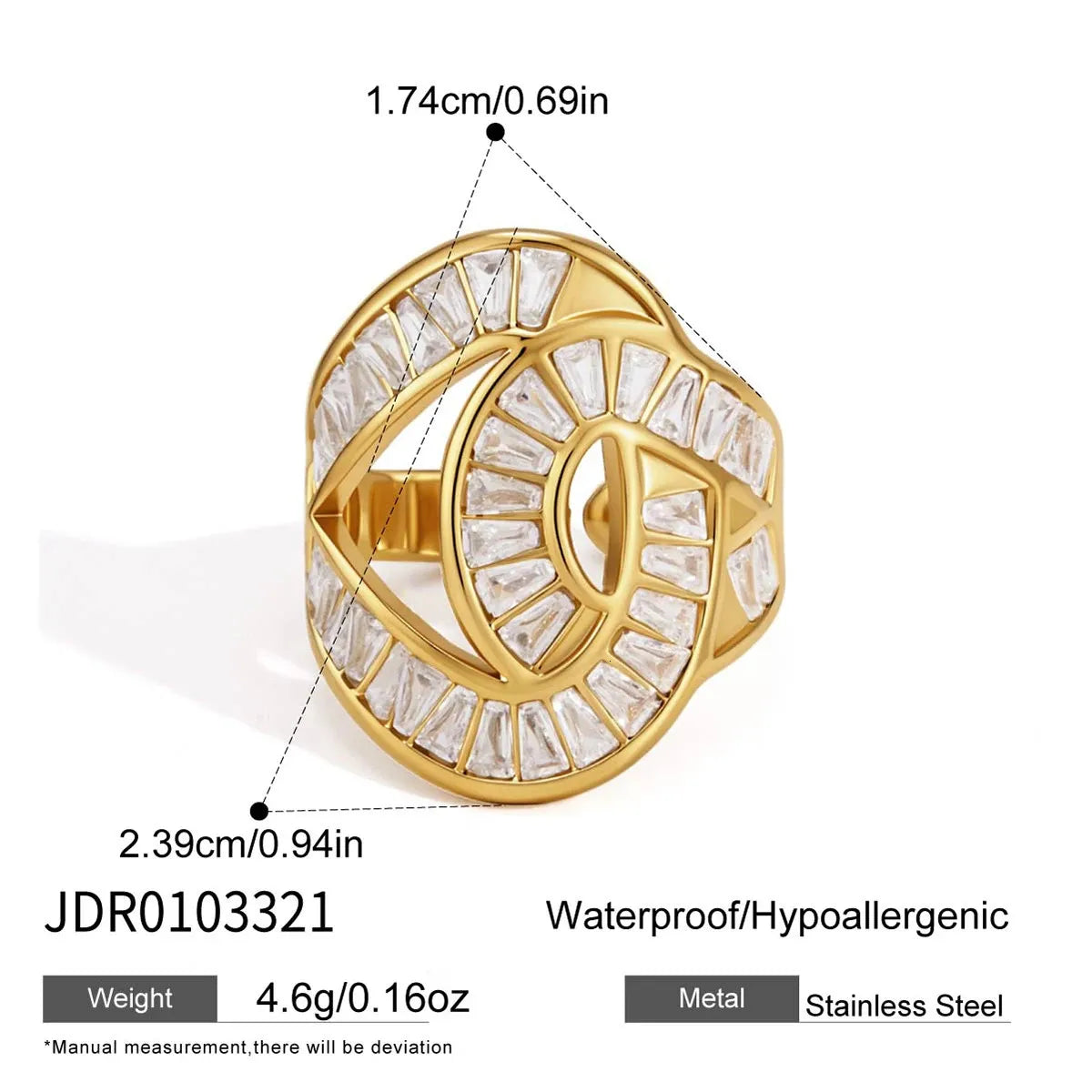 Beatrix gold statement ring shaped like an eye with baguette stones, view 2