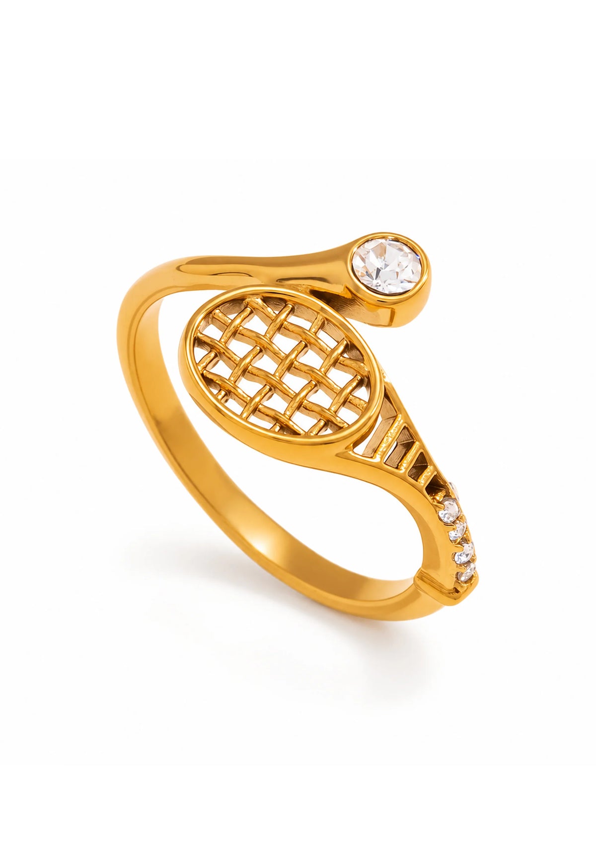 Tessa gold tennis racket ring with a small stone ball