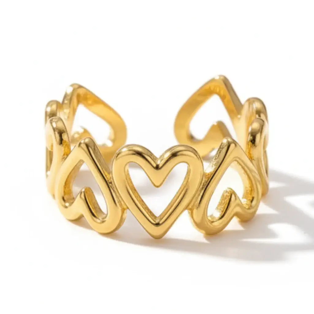 Mabel gold band ring with open cut-out hearts, view 4