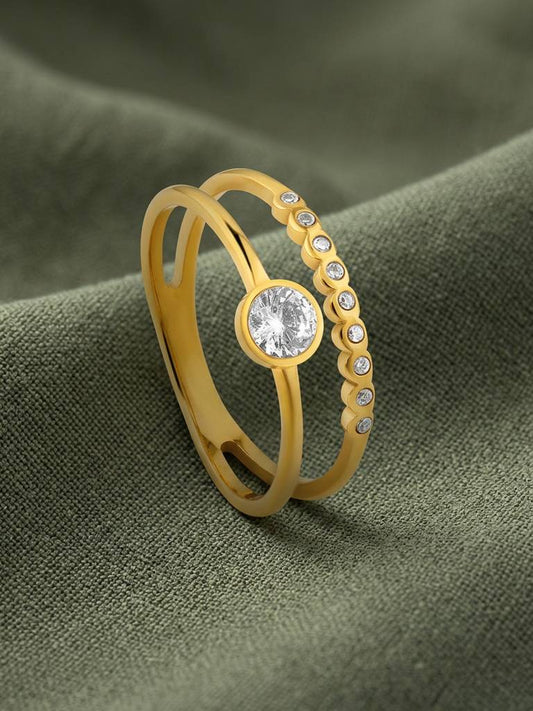 Elodie gold double band ring with a bezel stone and pave, view 2