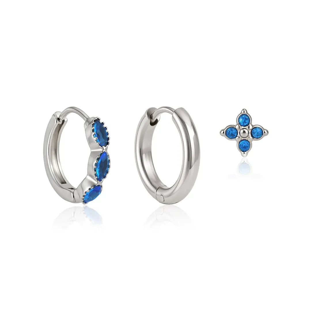 Cecily three piece silver earring set with plain hoop, blue marquise huggie and blue flower stud