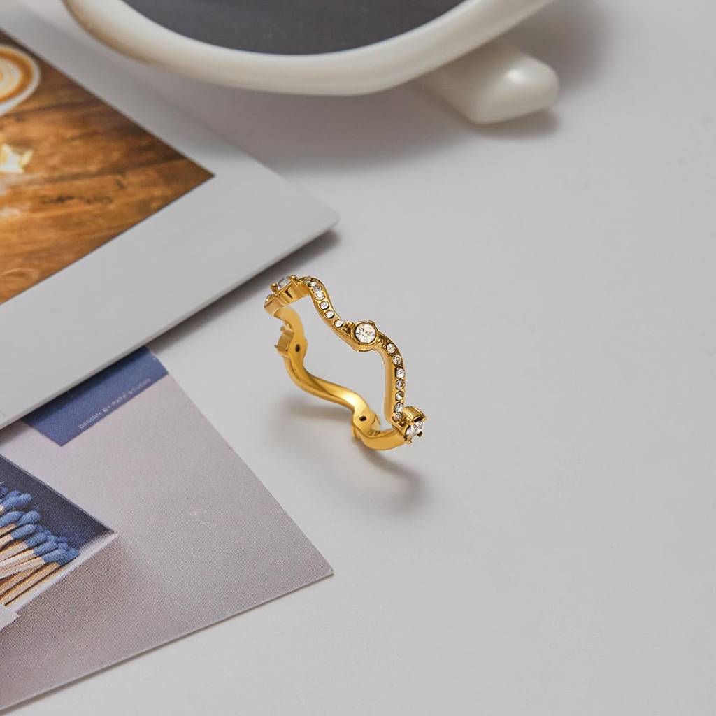 Lena slim gold wavy pave band ring, view 3
