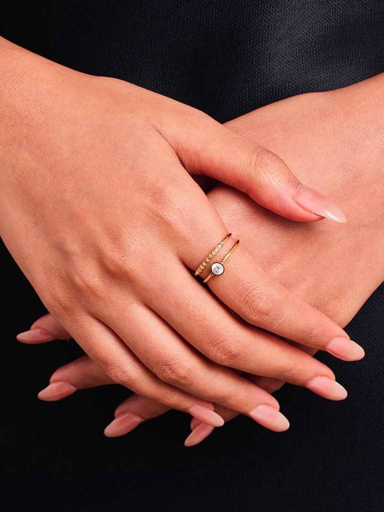 Elodie gold double band ring with a bezel stone and pave, view 3
