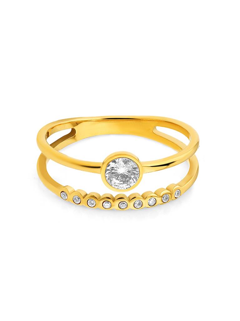 Elodie gold double band ring with a bezel stone and pave