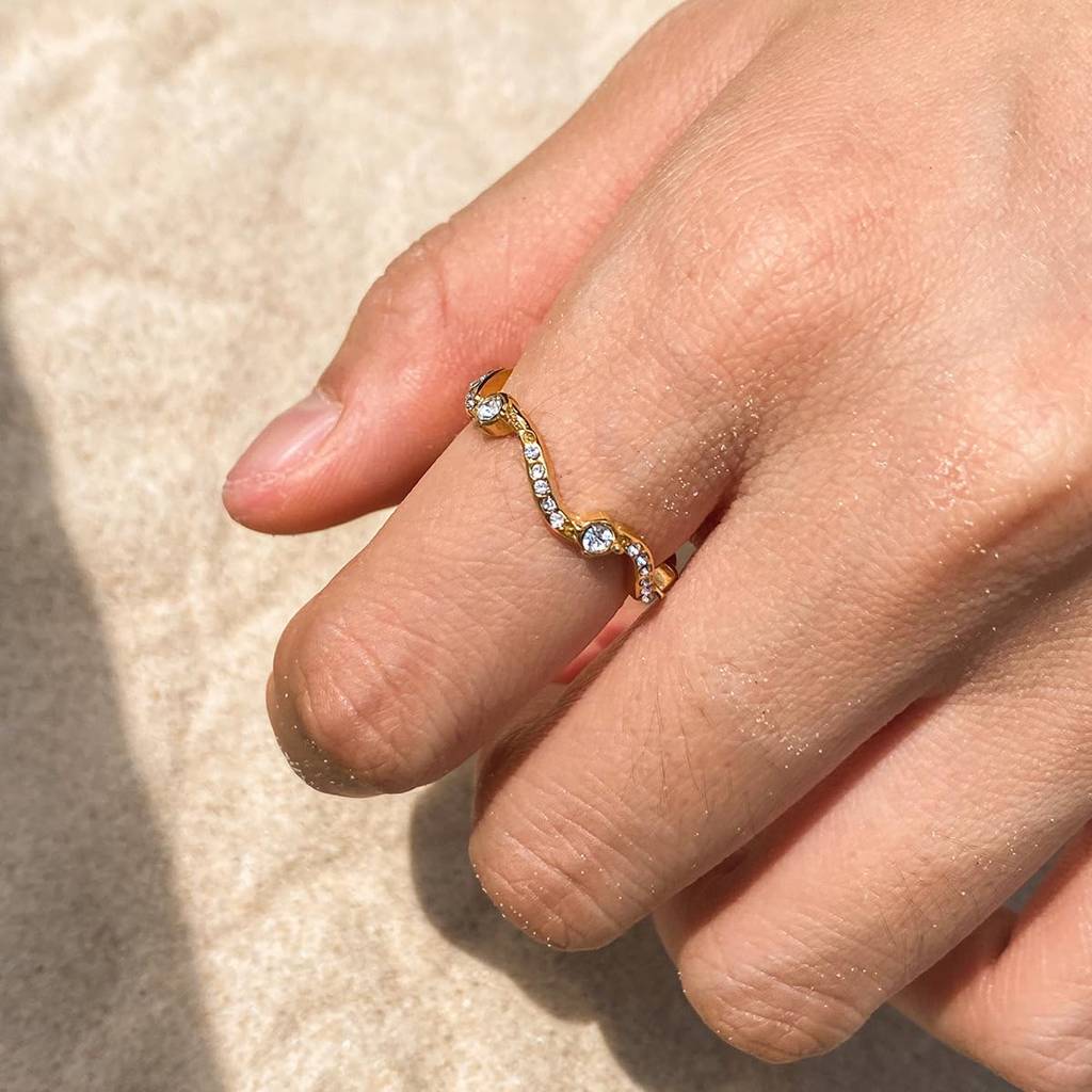Lena slim gold wavy pave band ring, view 4