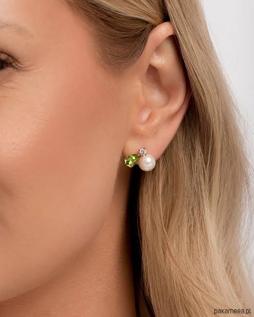 Margot gold stud earrings with a green pear stone, pearl and crystal, view 3