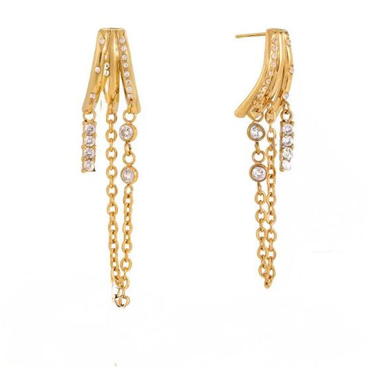Larissa gold layered bar ear climber earrings with crystal chains