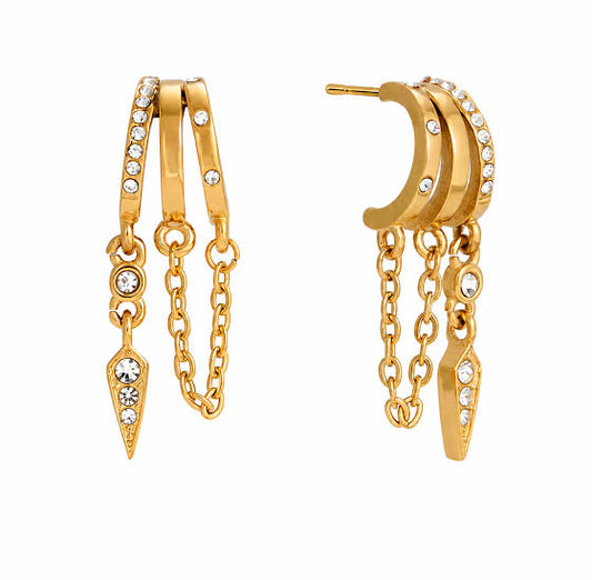 Verity gold triple crescent ear climber earrings with chain and crystal spike drop