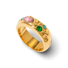 Tilly hammered gold band ring with pink, green and blue stones