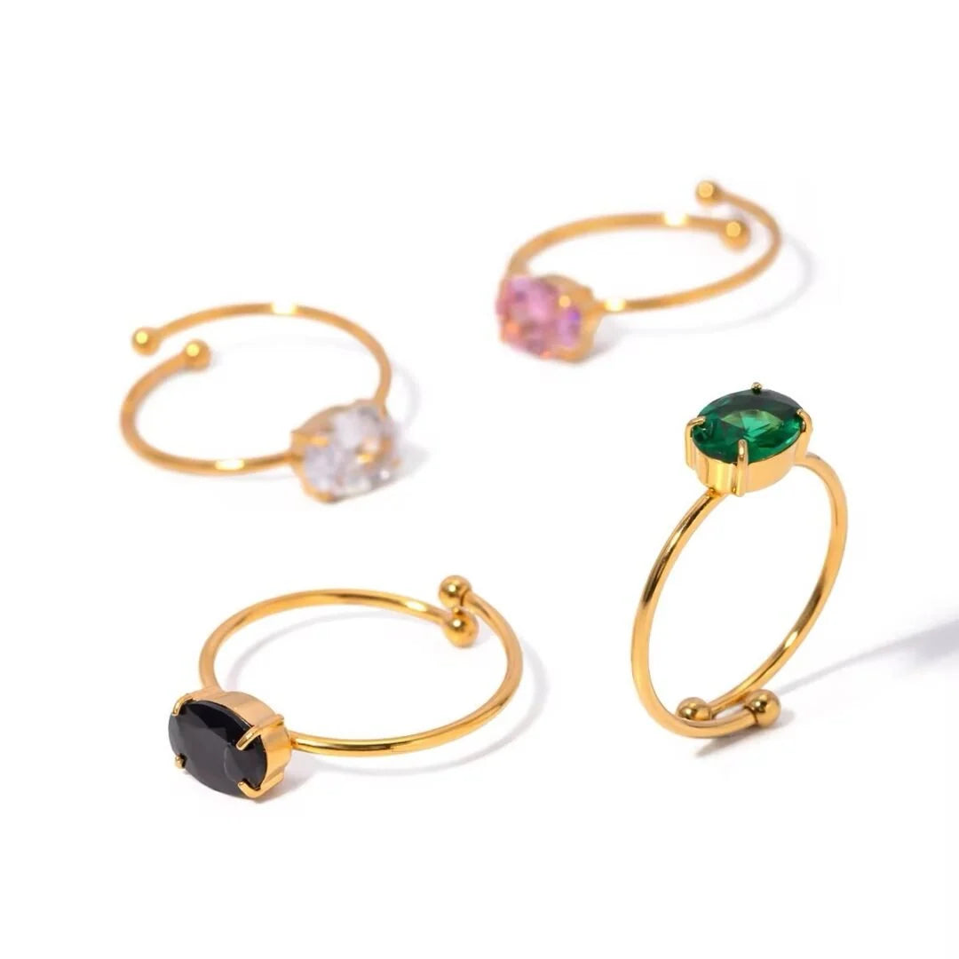 Cassie slim gold open ring with a green oval stone, view 5