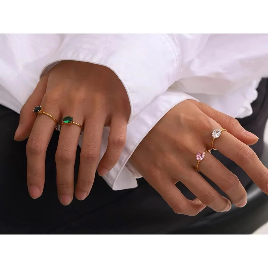 Cassie slim gold open ring with a green oval stone, view 4