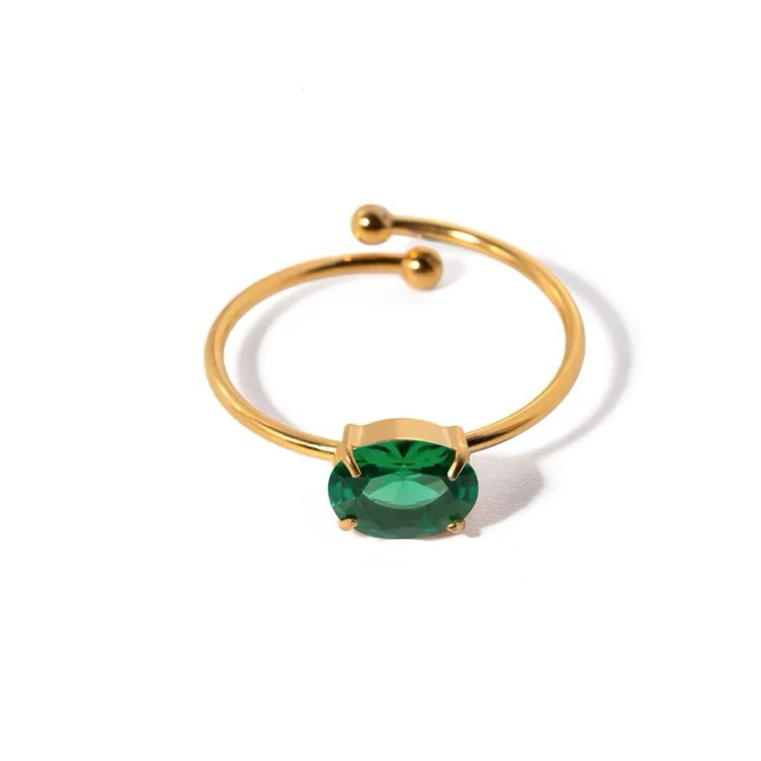 Cassie slim gold open ring with a green oval stone