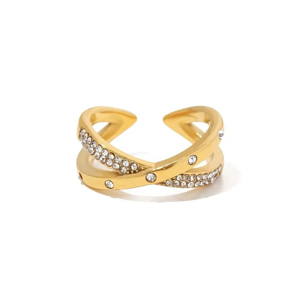 Ximena wide gold cross over ring with pave stones