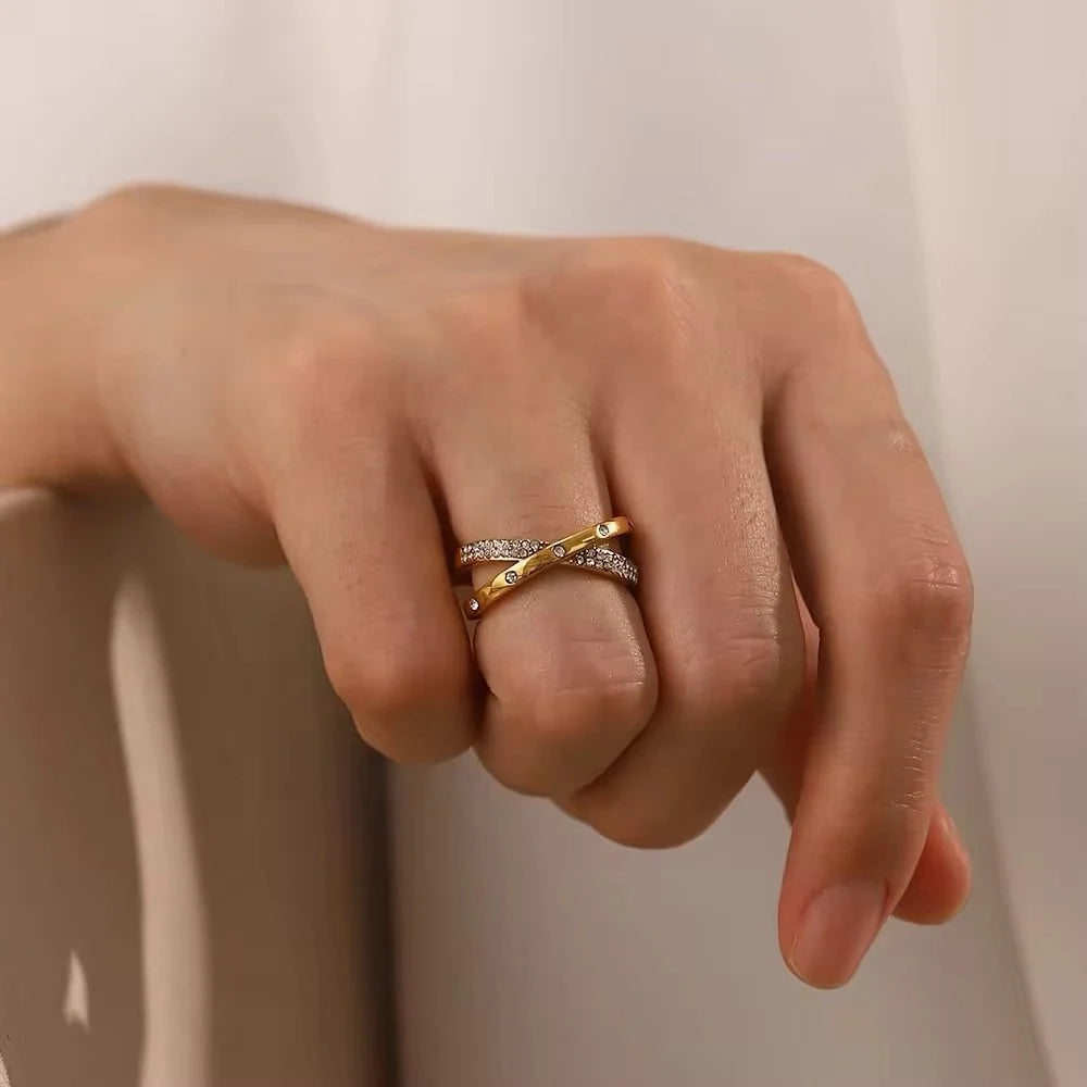 Ximena wide gold cross over ring with pave stones, view 3