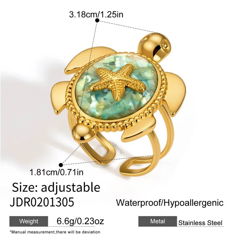 Kaia gold turtle ring with aqua enamel shell and starfish, view 2
