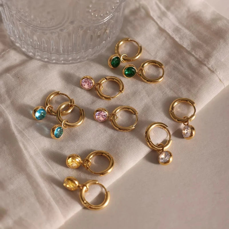 Callie gold hoop earrings with round bezel crystal charms in five colours