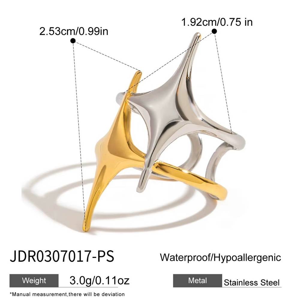 Thea two-tone gold and silver four point star ring, view 2
