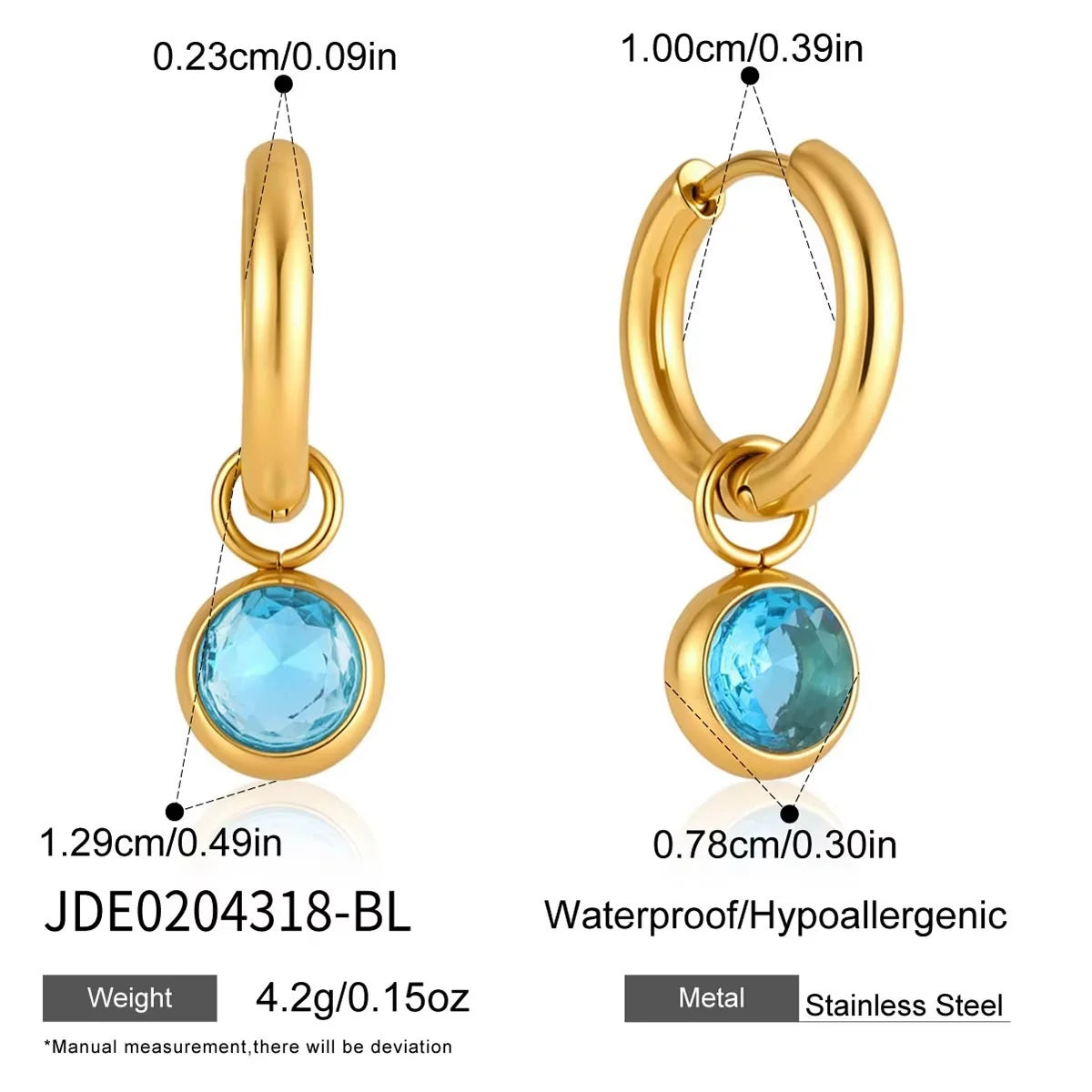 Callie gold hoop earrings with aqua crystal charm, size and dimensions