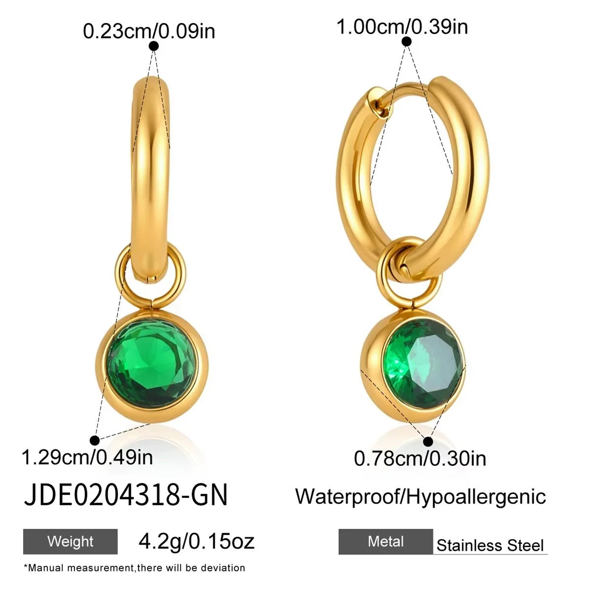 Callie gold hoop earrings with green crystal charm, size and dimensions