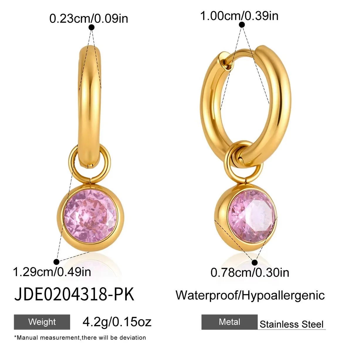 Callie gold hoop earrings with pink crystal charm, size and dimensions