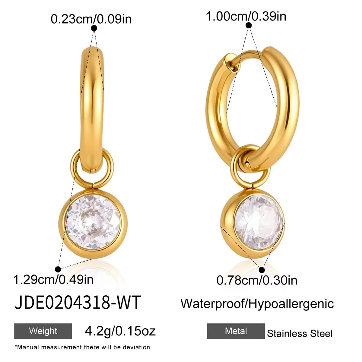 Callie gold hoop earrings with clear crystal charm, size and dimensions