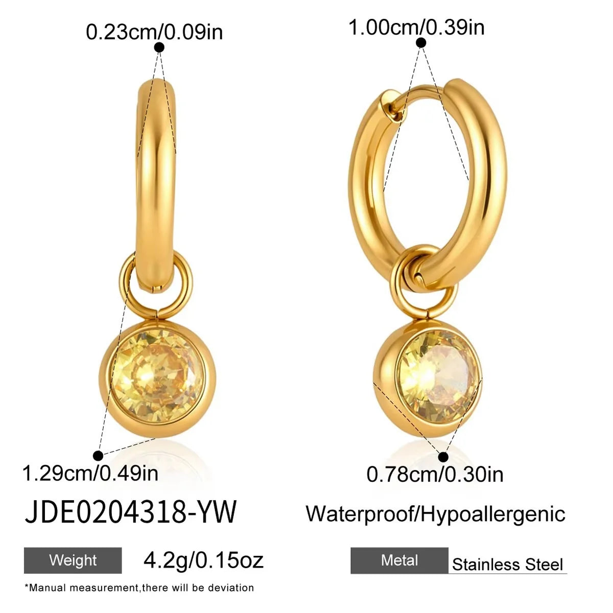 Callie gold hoop earrings with yellow crystal charm, size and dimensions