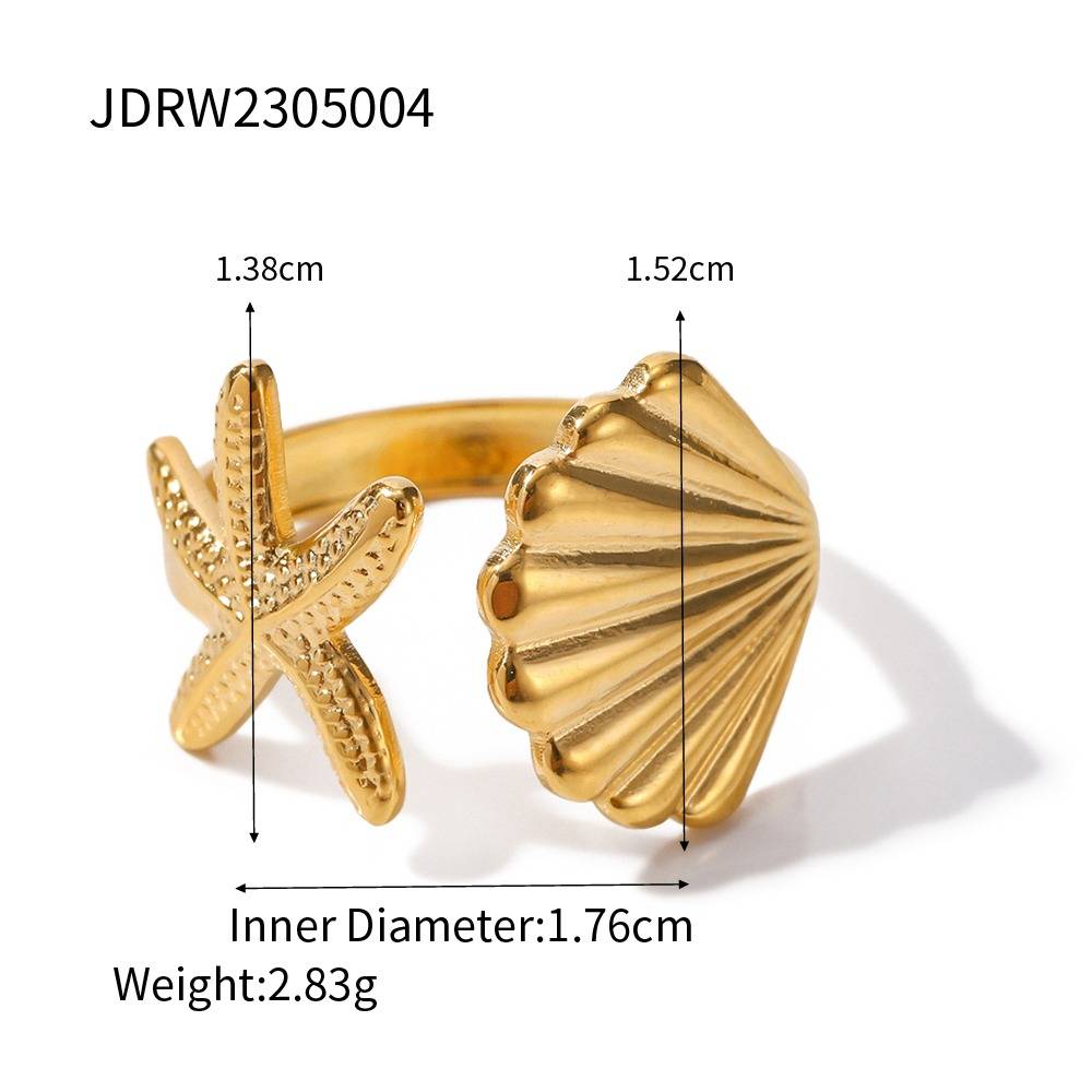 Ondine gold open ring with a starfish and a scallop shell, view 2