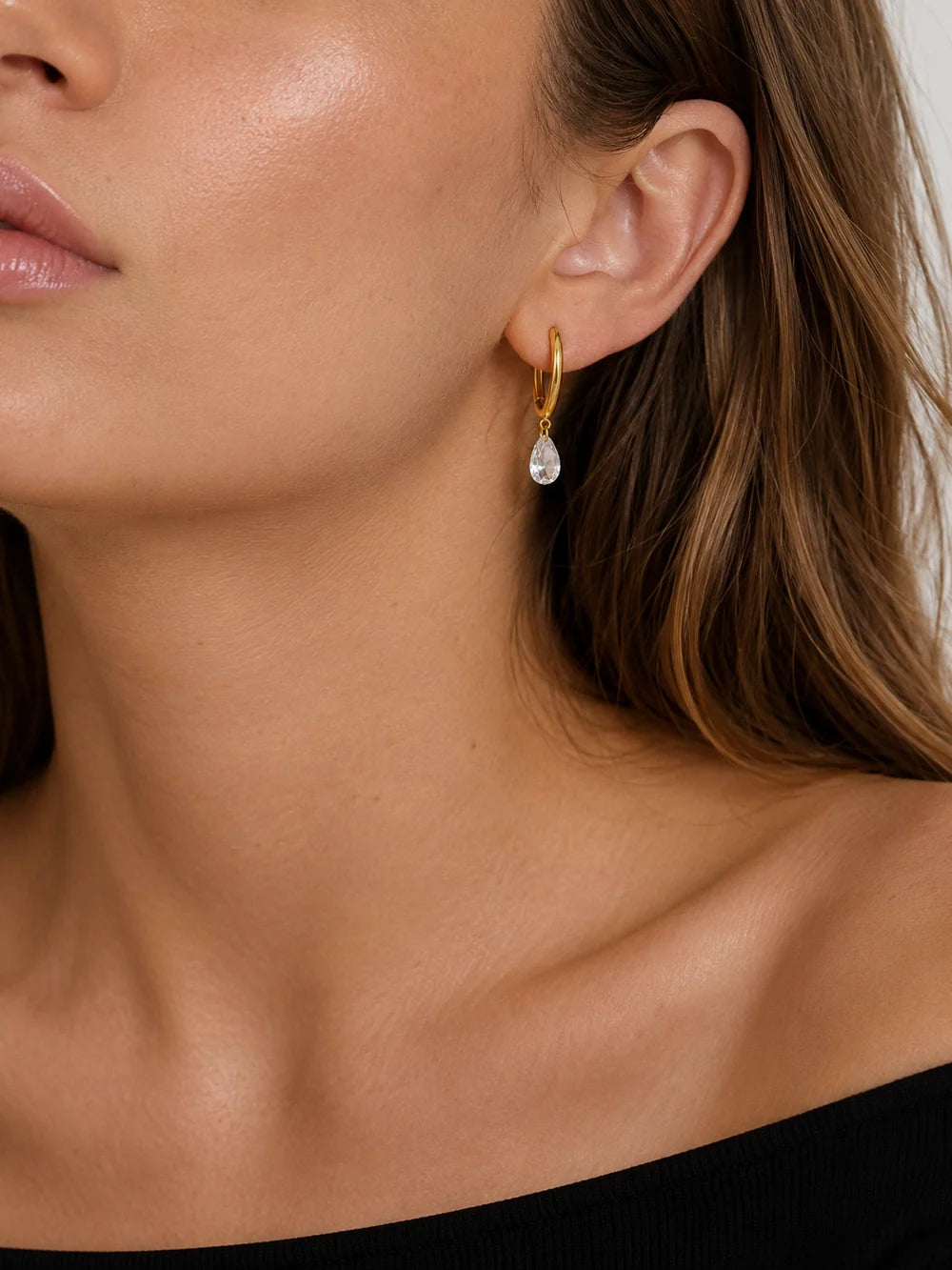 Lucy gold mini hoop earrings with pear crystal drop, view 4