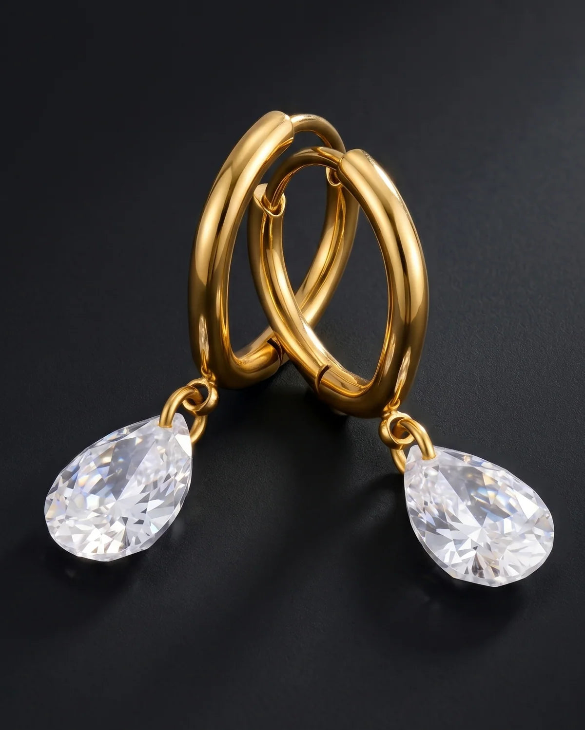 Lucy gold mini hoop earrings with pear crystal drop, view 7