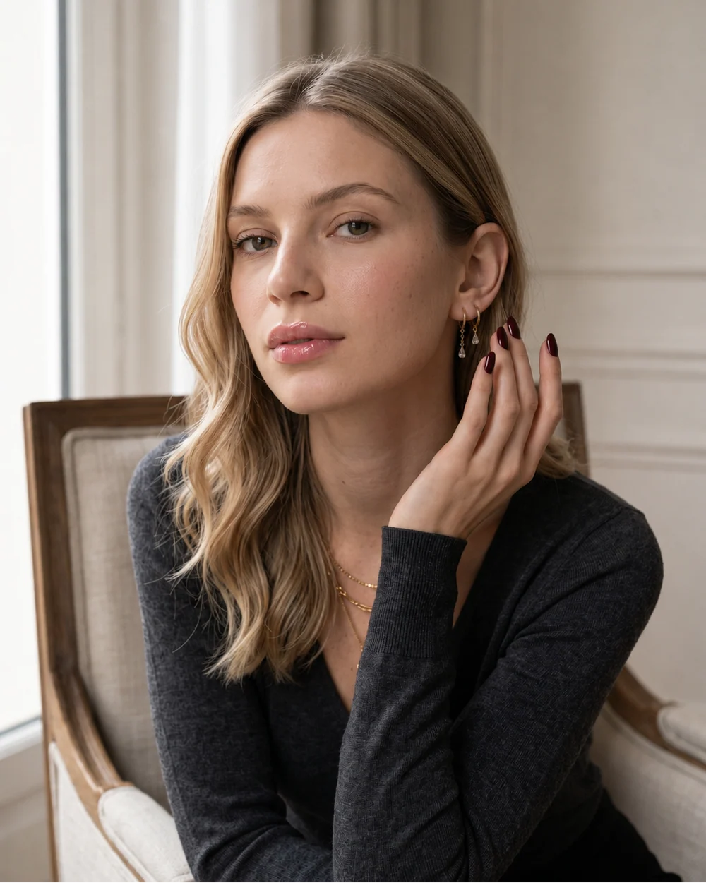 Lucy gold mini hoop earrings with pear crystal drop, view 5