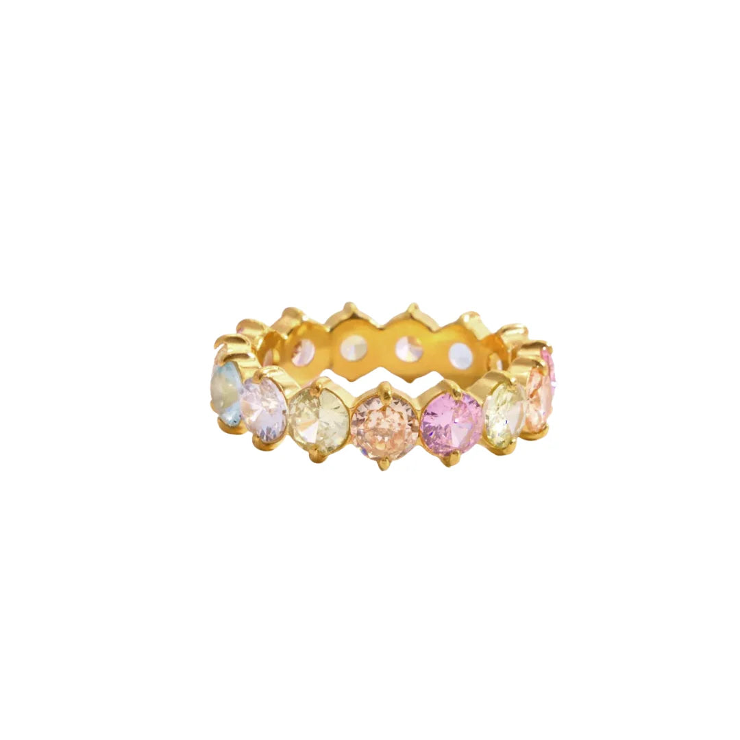 Elara gold eternity band with pastel multi-coloured stones