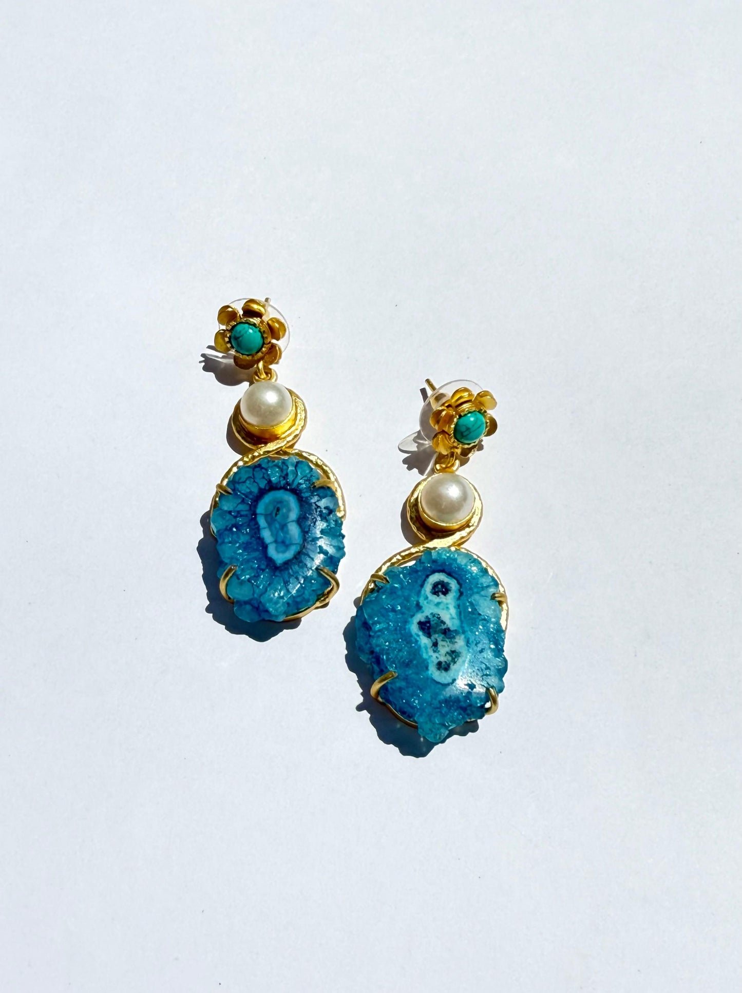 Ocean's Whispers Agate Gemstone Earrings Fresh water Pearls (Blue)