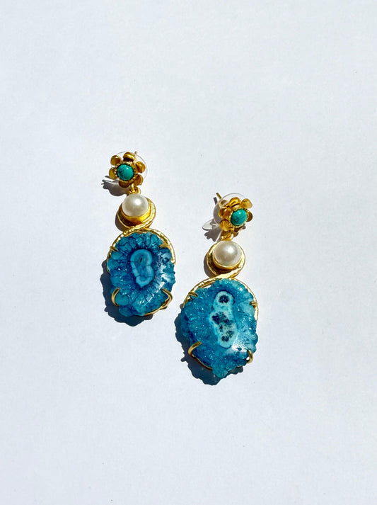 Ocean's Whispers Agate Gemstone Earrings Fresh water Pearls (Blue)