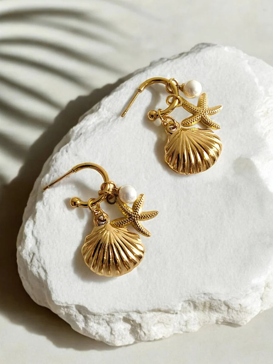 Marigold gold hoop earrings with shell, starfish and pearl charms, view 5
