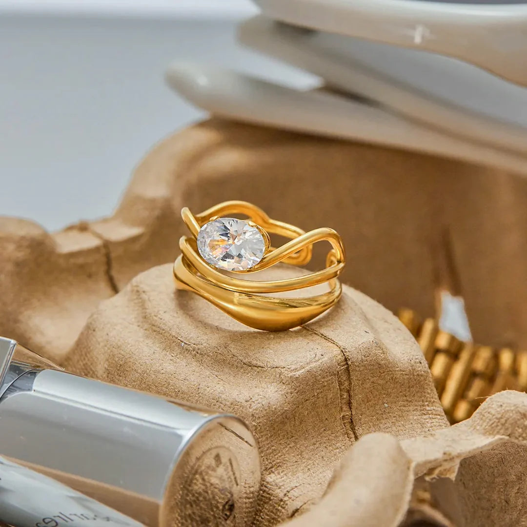 Delphine gold double wave band ring with an oval stone, view 3