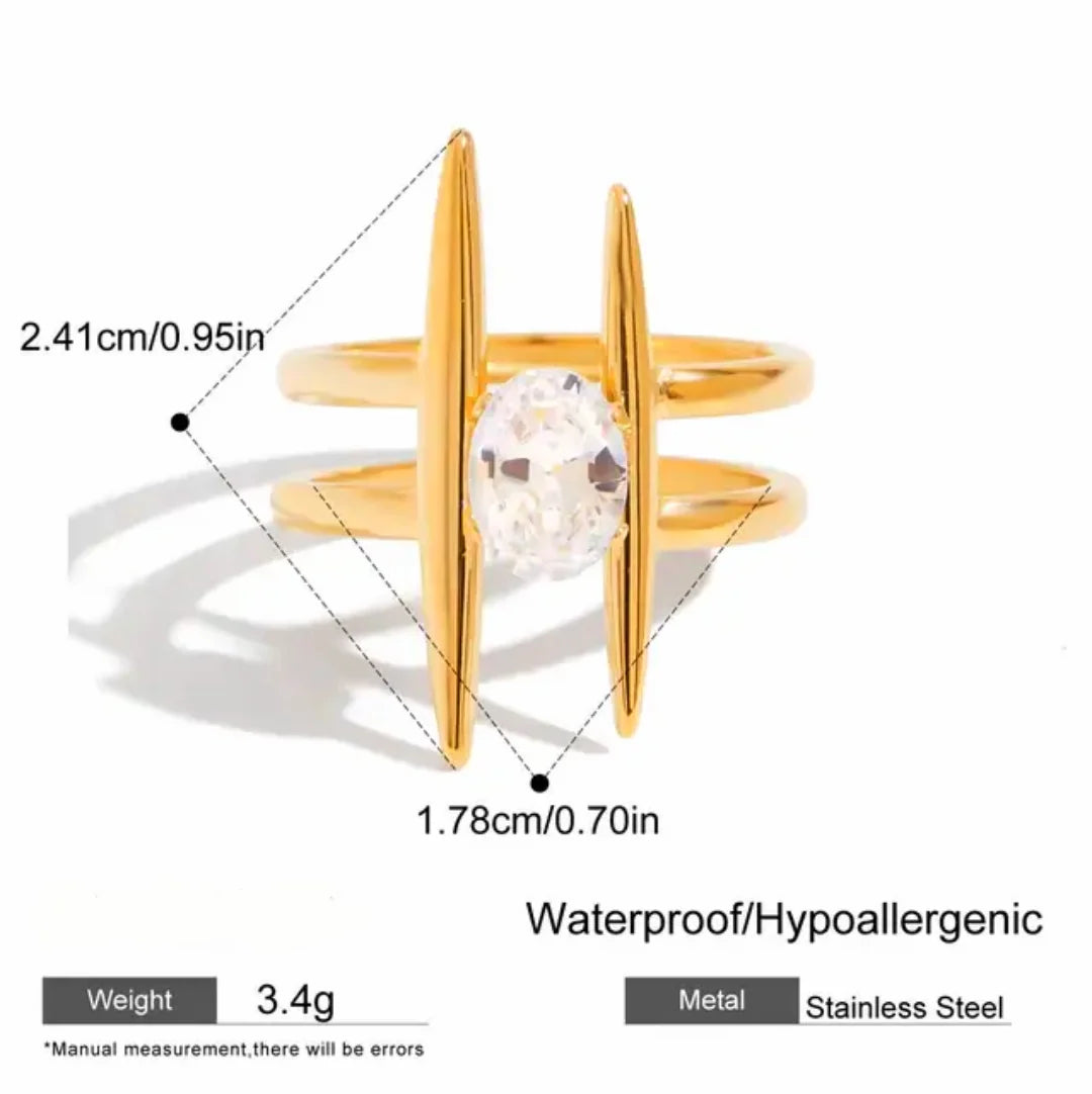 Alba gold double bar statement ring with an oval stone, view 2