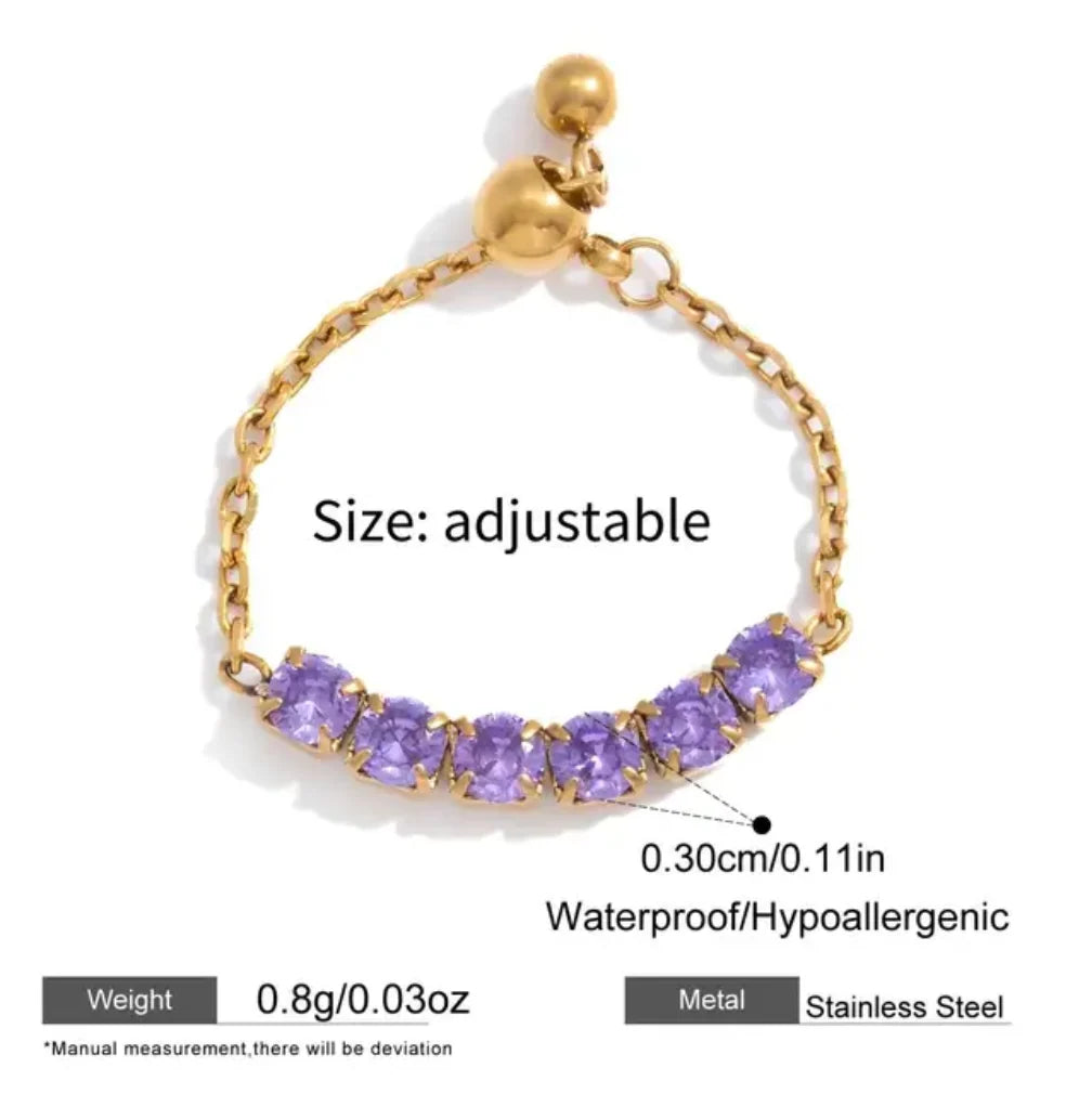 Violet gold chain ring with a row of purple stones, view 3