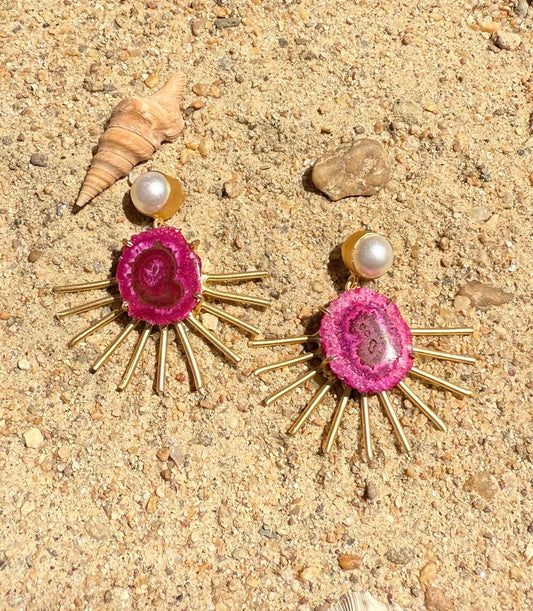Surfer's Charm Agate Gemstone Earrings with Fresh water Pearls (Pink)