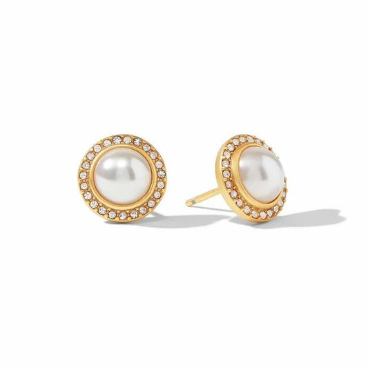 Imelda gold pearl stud earrings with crystal halo