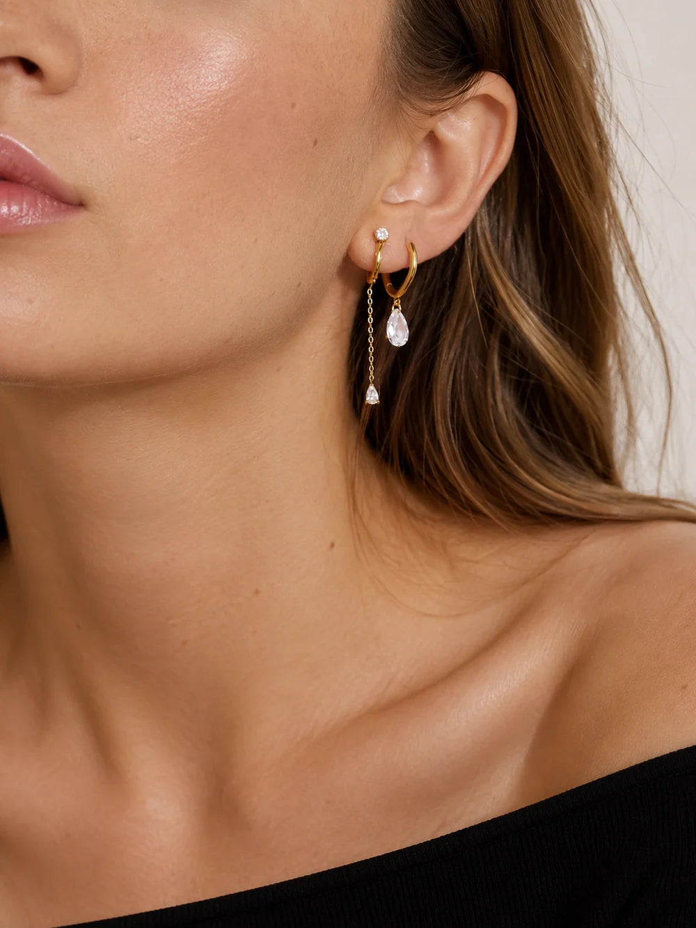 Lucy gold mini hoop earrings with pear crystal drop, view 6