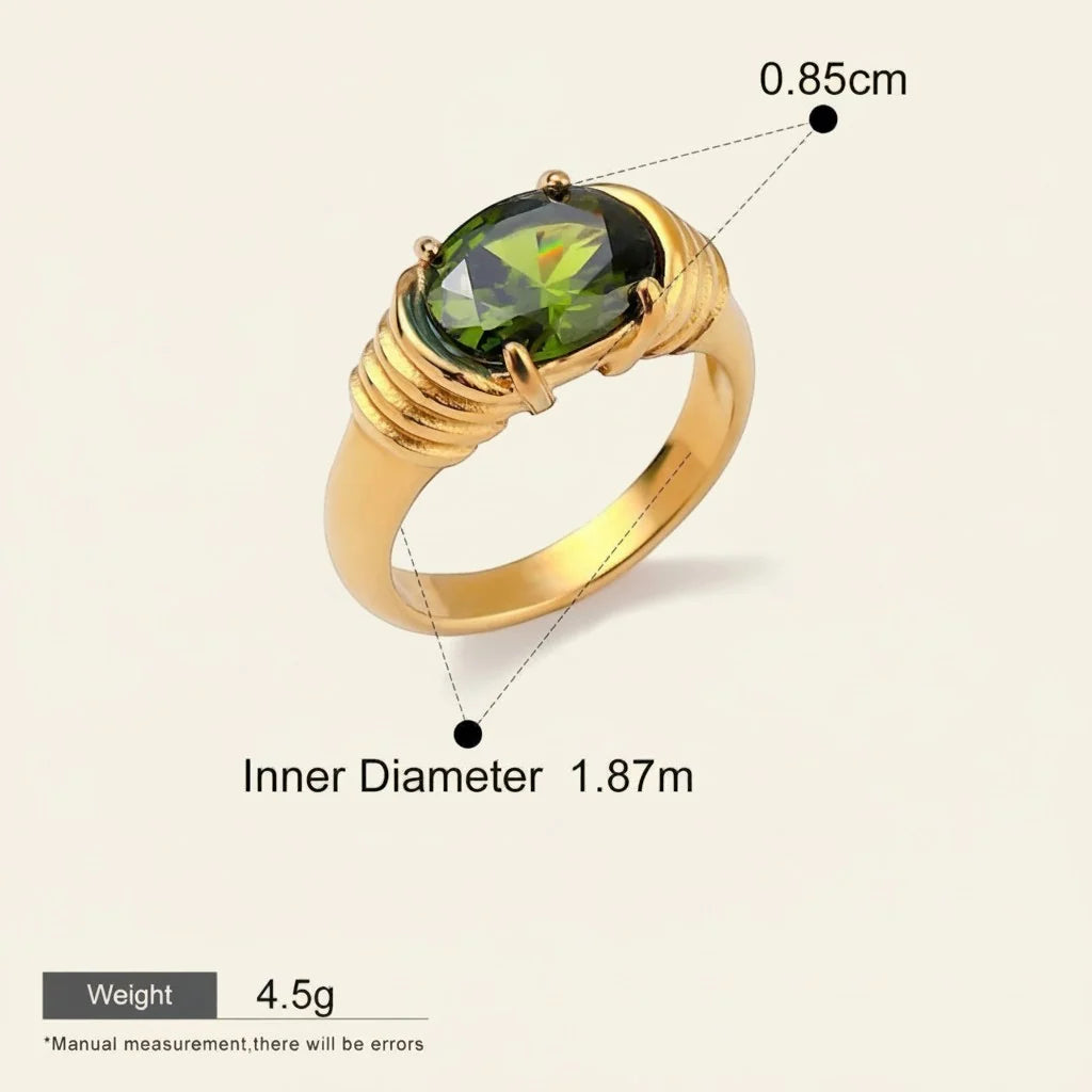 Molly ribbed gold ring with a green oval stone, view 2