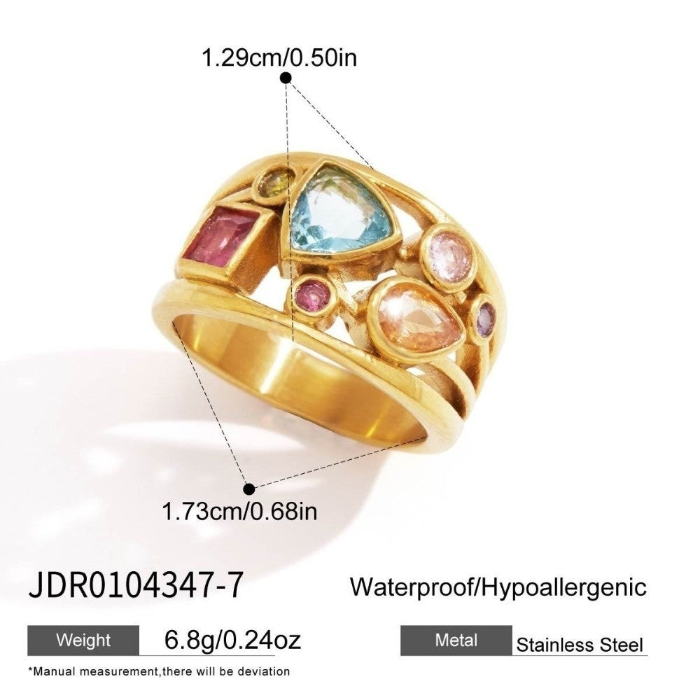 Gemma chunky gold dome ring with pink and blue bezel-set stones, view 2