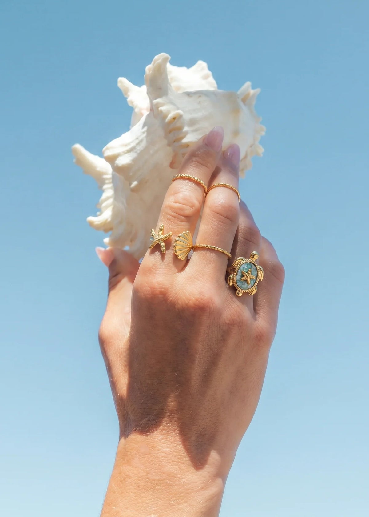 Kaia gold turtle ring with aqua enamel shell and starfish, view 4