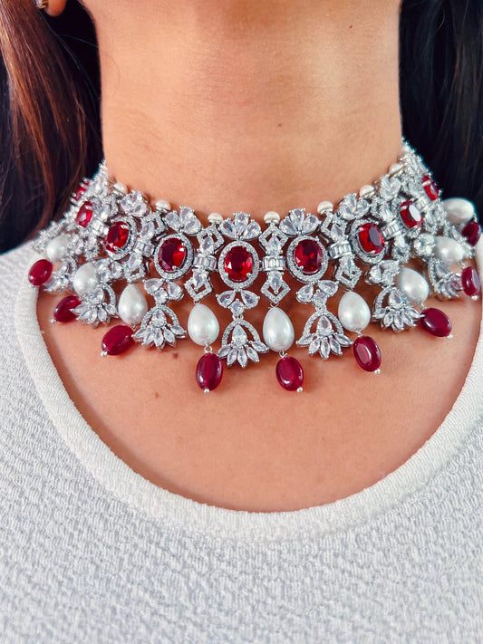 Lumina Diamond Choker Set with pearls with Earrings (Red)