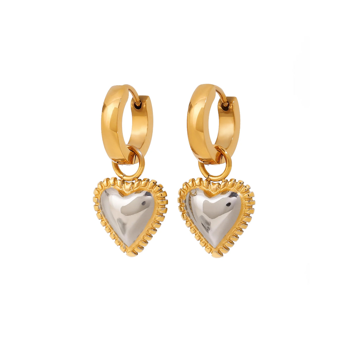 Hallie gold huggie earrings with two tone puffed heart charm