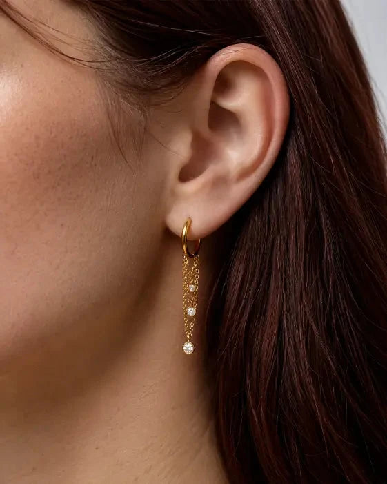 Laurel gold huggie earrings with cascading chains and crystal drops, view 2